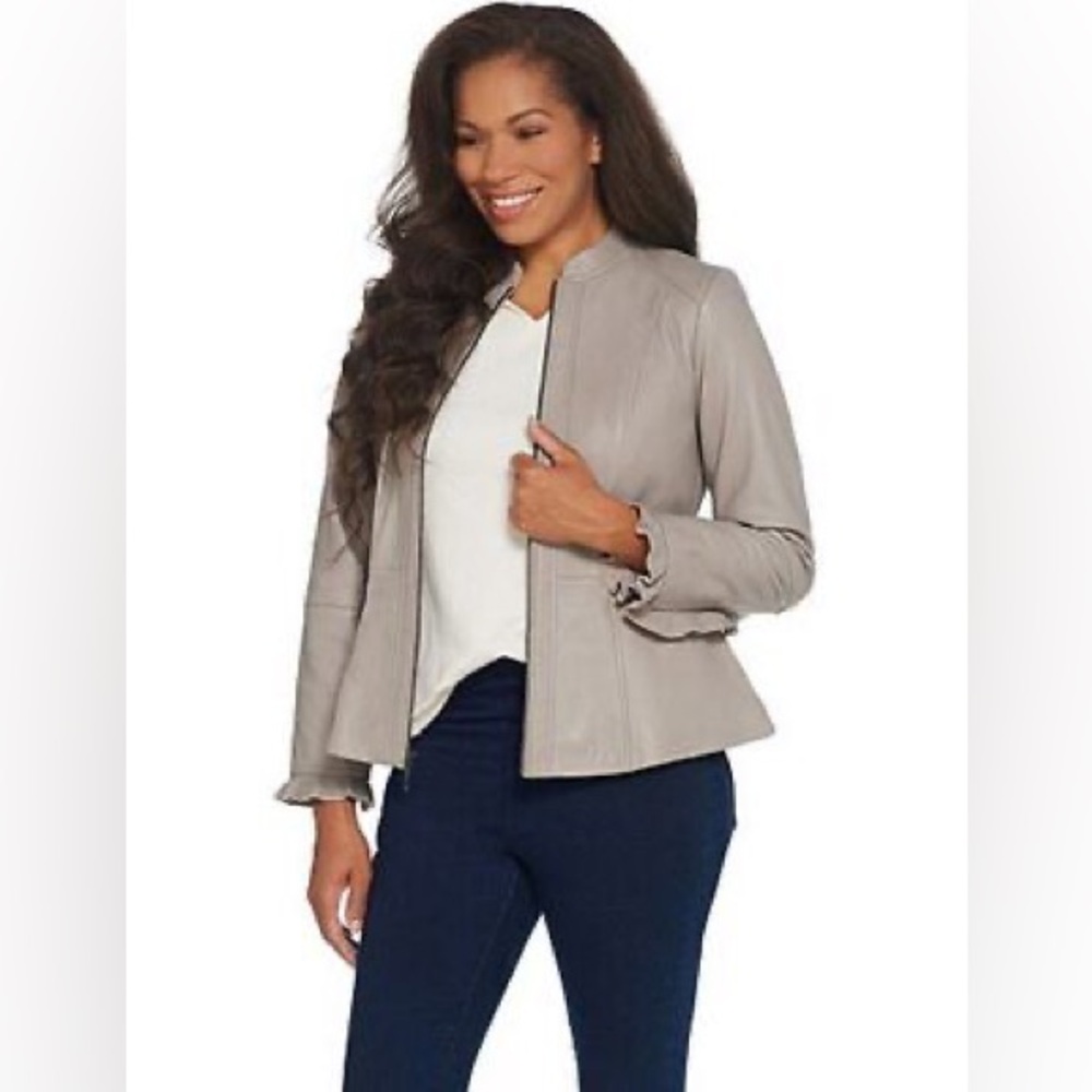 Isaac Mizrahi Oyster Grey Peplum Leather Jacket